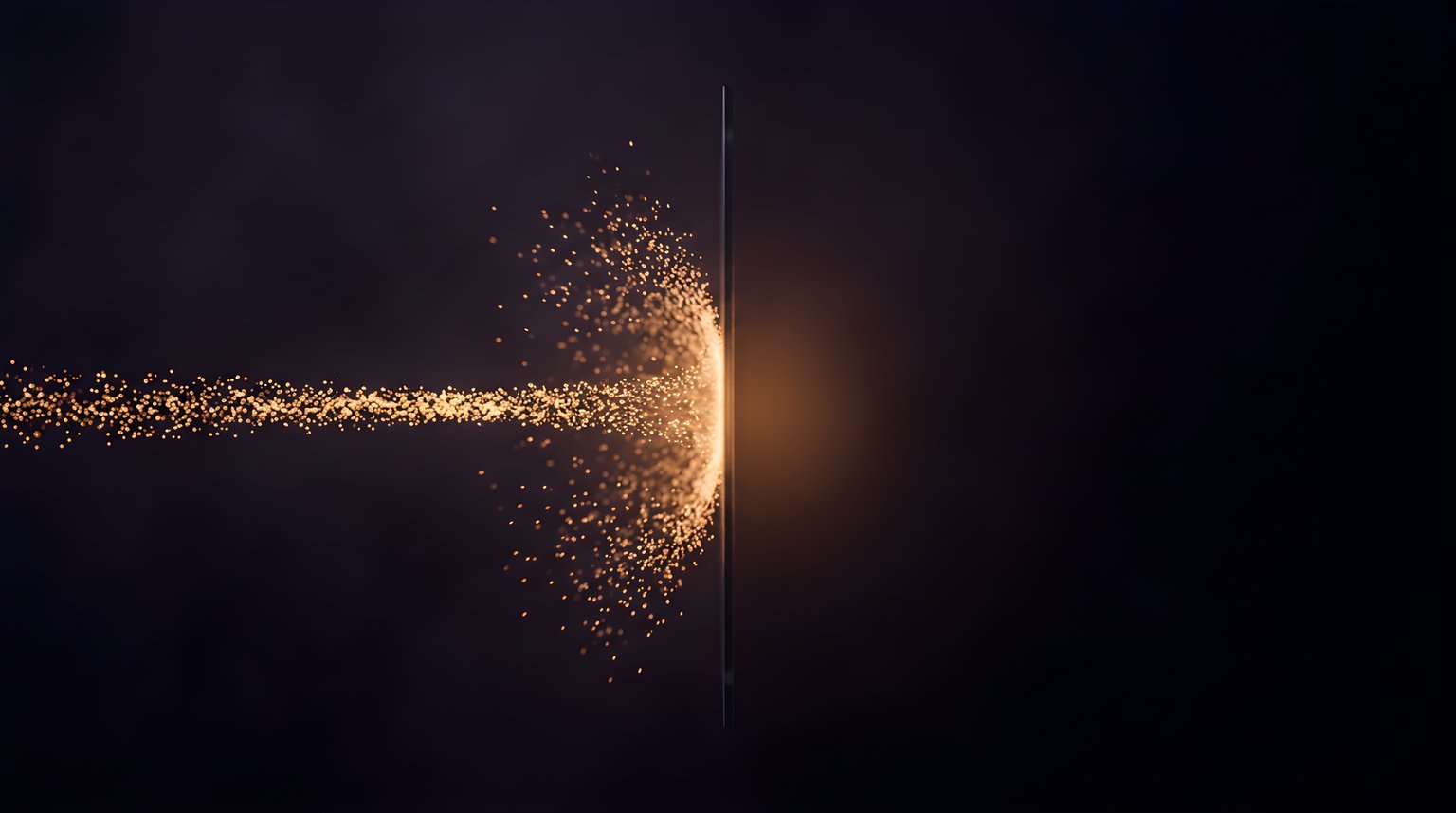A stream of amber light particles hits an invisible glass wall and scatters back; nothing reaches the dark side beyond it