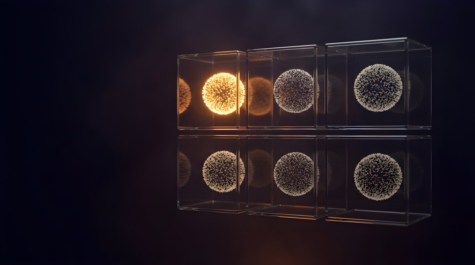A grid of sealed glass cubes in the dark, each holding its own sphere of light particles; one cube glows amber