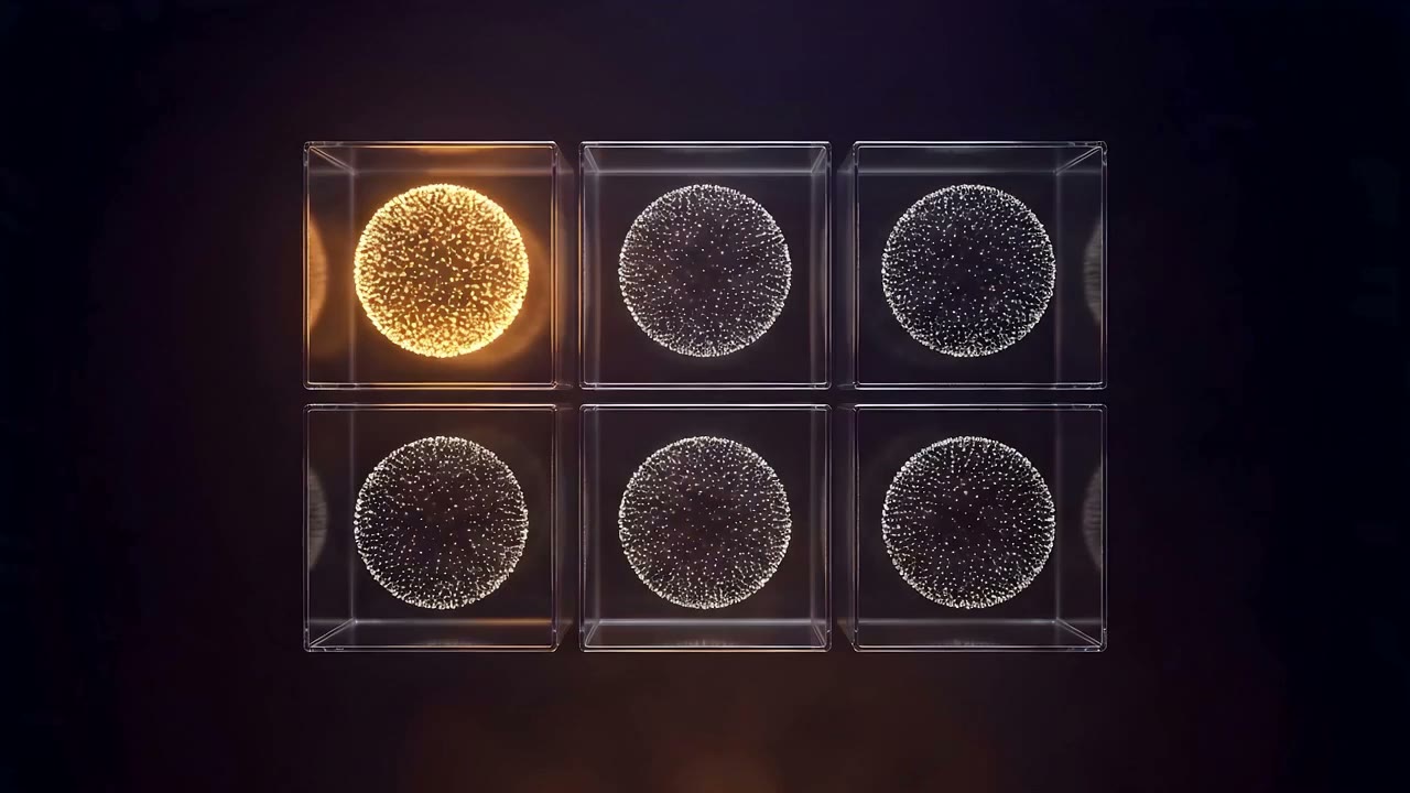 A grid of sealed glass cubes in the dark, each holding its own sphere of light particles; one cube glows amber